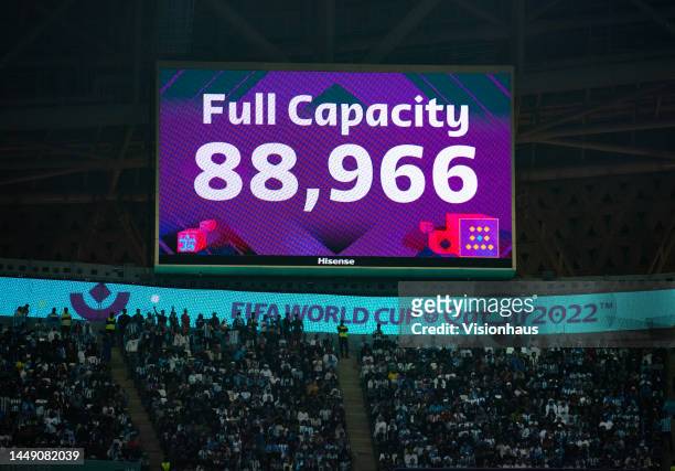The electronic scoreboard displaying the capacity attendance at the Lusail Stadium of 88,966 during the FIFA World Cup Qatar 2022 semi final match...