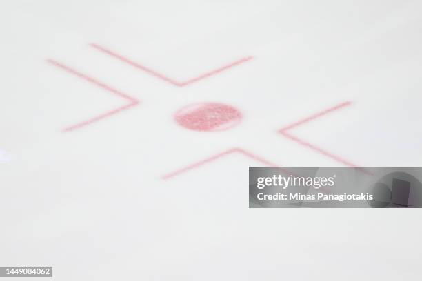 An overhead view of the hash marks and face-off spot prior to the game between the Montreal Canadiens and the Calgary Flames at Centre Bell on...