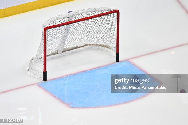 View of a hockey net prior to the game between the Montreal Canadiens and the Calgary Flames at Centre Bell on December 12, 2022 in Montreal, Quebec,...