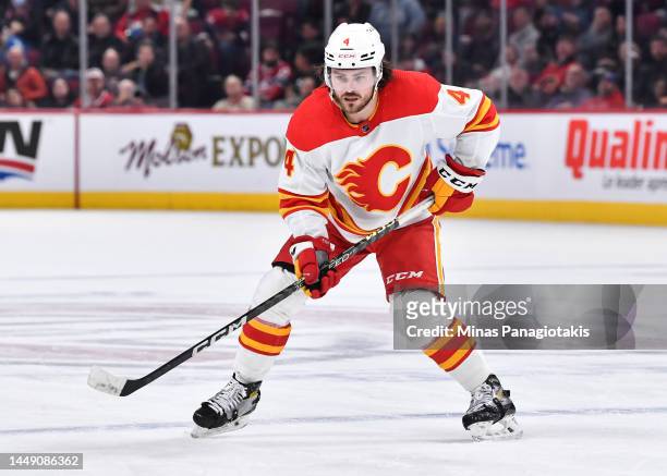 Rasmus Andersson of the Calgary Flames skates against the Montreal Canadiens during the third period at Centre Bell on December 12, 2022 in Montreal,...