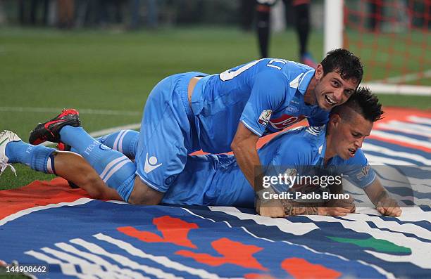 Marek Hamsik with his teammate Blerim Dzemaili of SSC Napoli celebrates after scoring his second team's goal during the Tim Cup final match between...