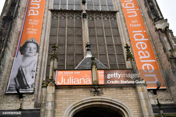 Exhibition of Queen Juliana of the Netherlands outside the De Nieuwe Kerk on Dam Plaza on December 10, 2022 in Amsterdam, Netherlands. Amsterdam is...