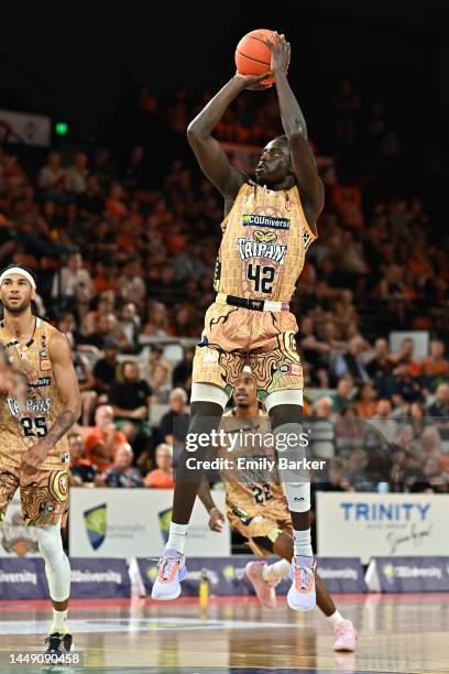 Bul Kuol of the Taipans shoots the ball during the round 11 NBL match between Cairns Taipans and Brisbane Bullets at Cairns Convention Centre, on...