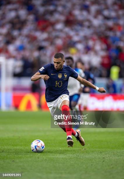 Kylian Mbappe of France in action during the FIFA World Cup Qatar 2022 quarter final match between England and France at Al Bayt Stadium on December...