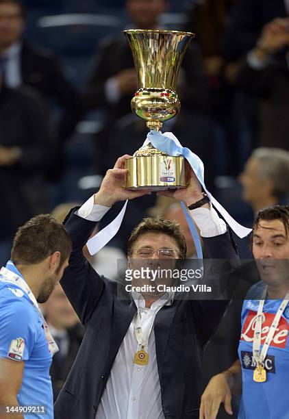 Napoli head coach Walter Mazzarri holds the Italian Tim Cup football trophy, during a ceremony after the Tim Cup Final between Juventus FC and SSC...