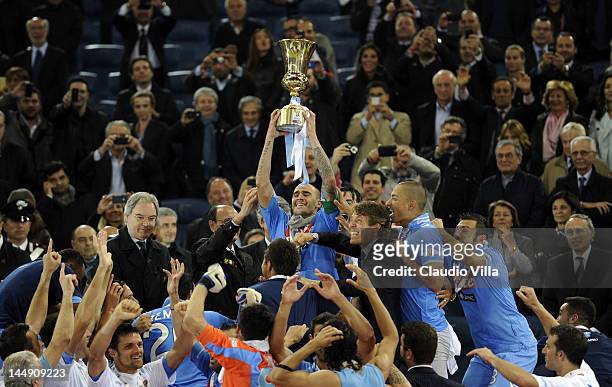 Paolo Cannavaro of SSC Napoli and team mates celebrate their Italian Tim Cup football trophy, during a ceremony after the Tim Cup Final between...
