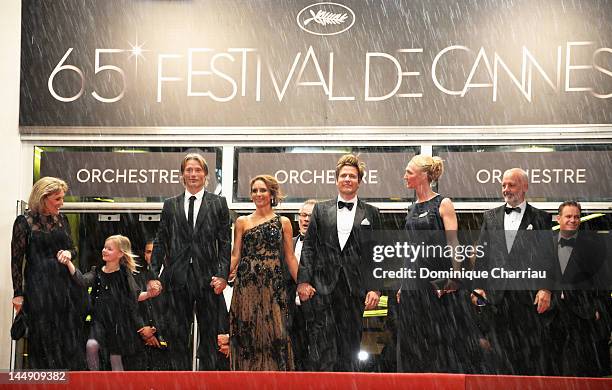 Susse Wold, Annika Wedderkopp, Mads Mikkelsen, Alexandra Rapaport, Thomas Vinterberg and Sisse Graum Jorgensen attend the "Jagten" Premiere during...