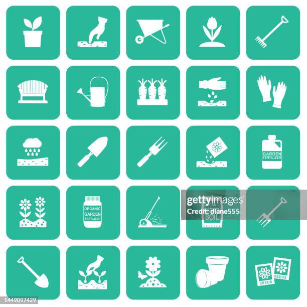 stockillustraties, clipart, cartoons en iconen met green and white gardening icon - set - tuingereedschap
