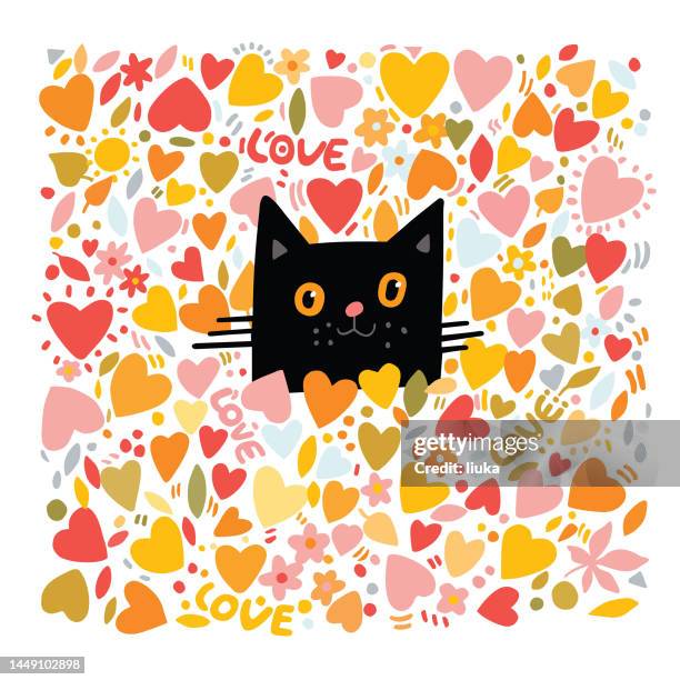 illustrations, cliparts, dessins animés et icônes de illustration de la saint-valentin du chat caché dans les cœurs - chat noir