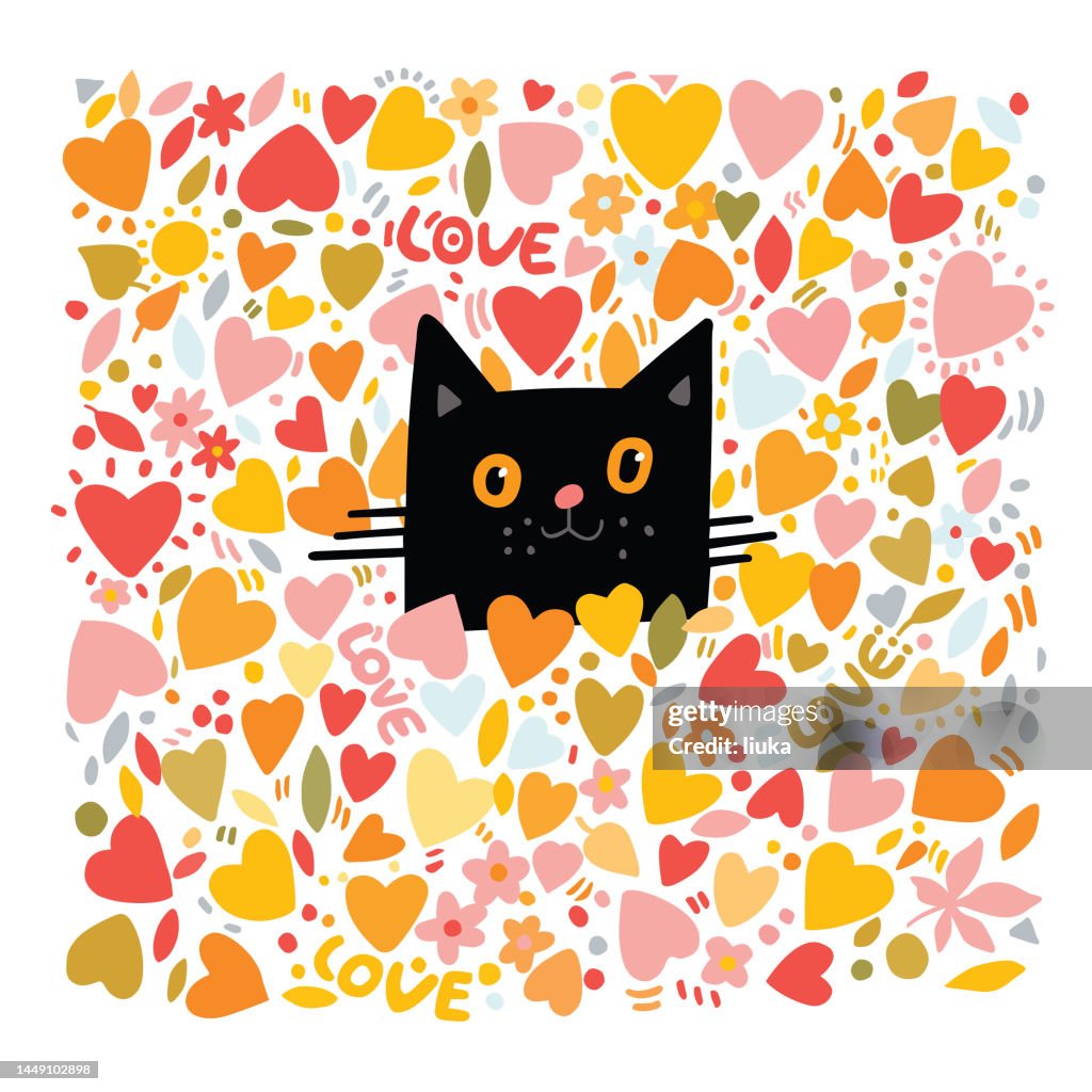 St. Valentine illustration of the cat hiding in hearts