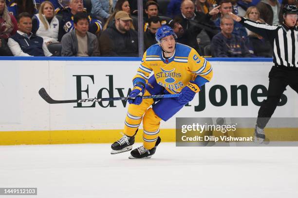 Tyler Pitlick of the St. Louis Blues skates against the Colorado Avalanche at Enterprise Center on December 11, 2022 in St Louis, Missouri.