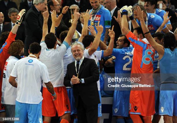 Aurelio De Laurentis President of Napoli celebrates victory after the Tim Cup final match between Juventus FC and SSC Napoli at Olimpico Stadium on...