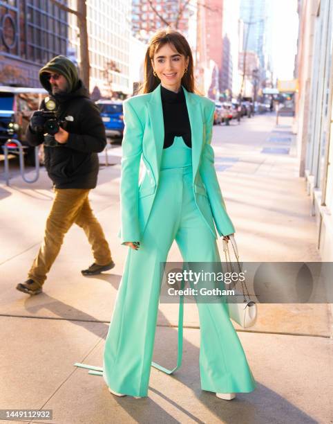 Lily Collins arrives at Drew Barrymore show on December 14, 2022 in New York City.