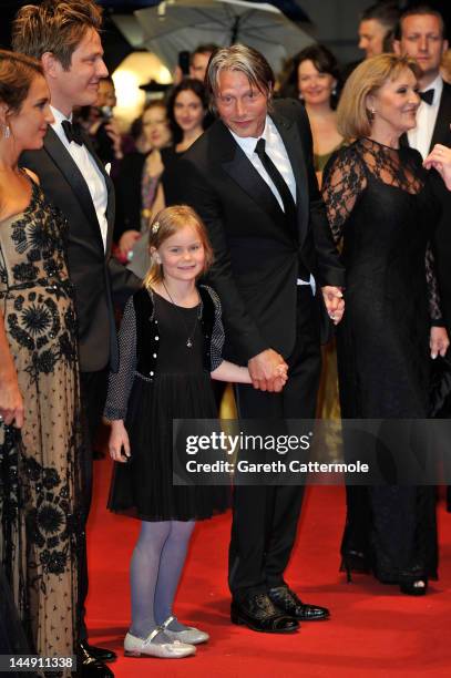 Alexandra Rapaport, Thomas Vinterberg, Annika Wedderkopp and actor Mads Mikkelsen attend the "Jagten" Premiere during the 65th Annual Cannes Film...