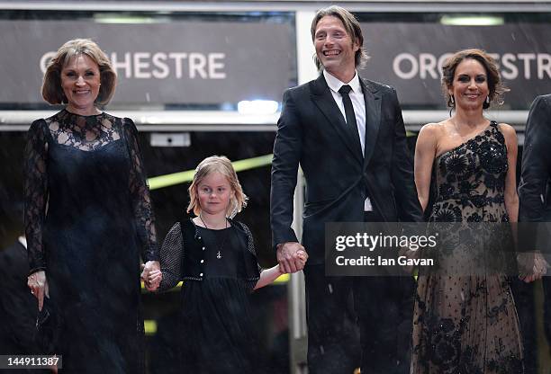 Alexandra Rapaport, Mads Mikkelsen, Annika Wedderkopp and Susse Wold attend the "Jagten" Premiere during the 65th Annual Cannes Film Festival at...