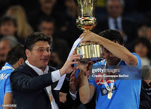 Walter Mazzarri head coach of Napoli celebrates victory after the Tim Cup final match between Juventus FC and SSC Napoli at Olimpico Stadium on May...