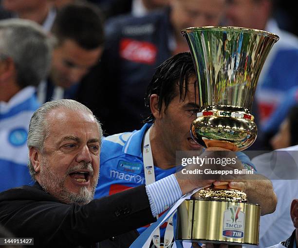 Aurelio De Laurentis President of Napoli celebrates victory after the Tim Cup final match between Juventus FC and SSC Napoli at Olimpico Stadium on...