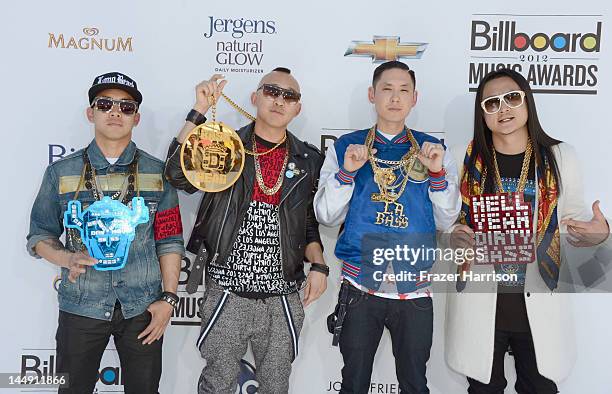 Musicians DJ Virman, Prohgress, Kev Nish and J-Splif of Far East Movement arrive at the 2012 Billboard Music Awards held at the MGM Grand Garden...