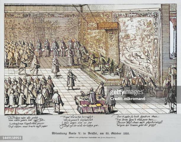 old engraved illustration of abdication of charles v in brussels (1555) - abdication stock-fotos und bilder