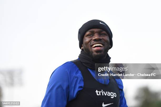 Kalidou Koulibaly of Chelsea reacts during a Chelsea FC Training Session at Chelsea Training Ground on December 14, 2022 in Cobham, England.