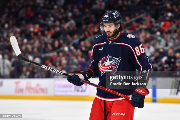 Kirill Marchenko of the Columbus Blue Jackets lines up prior to a face-off during the first period of a game against the Los Angeles Kings at...