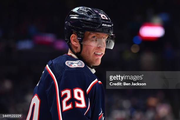 Patrik Laine of the Columbus Blue Jackets lines up prior to a face-off during the third period of a game against the Los Angeles Kings at Nationwide...
