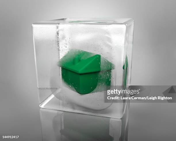 stockillustraties, clipart, cartoons en iconen met a green house frozen in an ice cube. - model van een huis