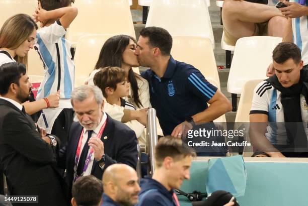 Coach of Argentina Lionel Scaloni with his wife Elisa Montero and family following the victory in the FIFA World Cup Qatar 2022 semifinal match...