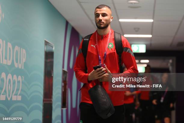 Romain Saiss of Morocco arrives at the stadium prior to the FIFA World Cup Qatar 2022 semi final match between France and Morocco at Al Bayt Stadium...