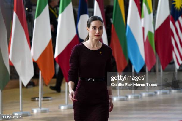 Finnish Prime Minister Sanna Mirella Marin arrives at the European Union and the Association of Southeast Asian Nations meeting in the Justus Lipsius...