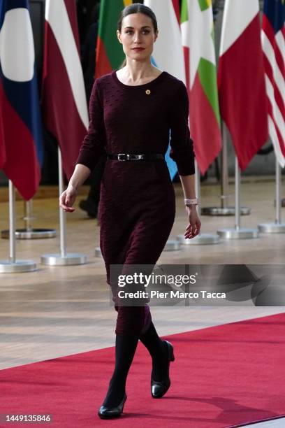 Finnish Prime Minister Sanna Mirella Marin arrives at the European Union and the Association of Southeast Asian Nations meeting in the Justus Lipsius...