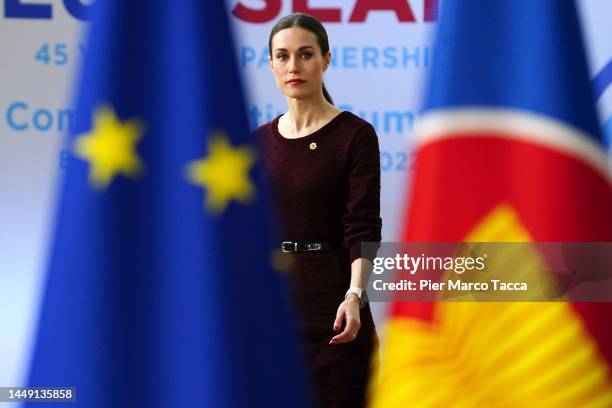 Finnish Prime Minister Sanna Mirella Marin arrives at the European Union and the Association of Southeast Asian Nations meeting in the Justus Lipsius...