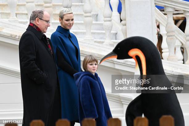 Prince Albert II of Monaco, Princess Charlene of Monaco and Princess Gabriella of Monaco attend the Christmas Tree at Monaco Palace on December 14,...