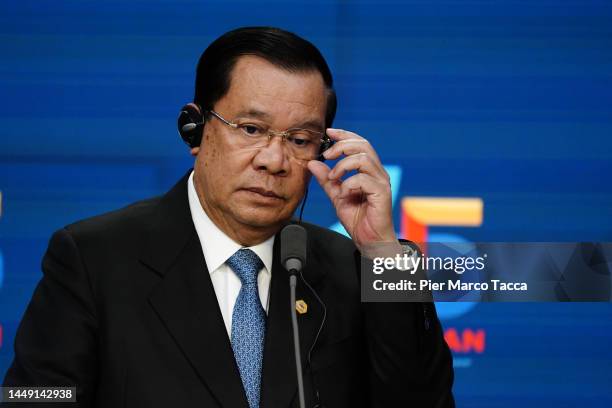 Cambodian Prime minister Hun Sen speaks during a press conference at the European Union and the Association of Southeast Asian Nations meeting in the...