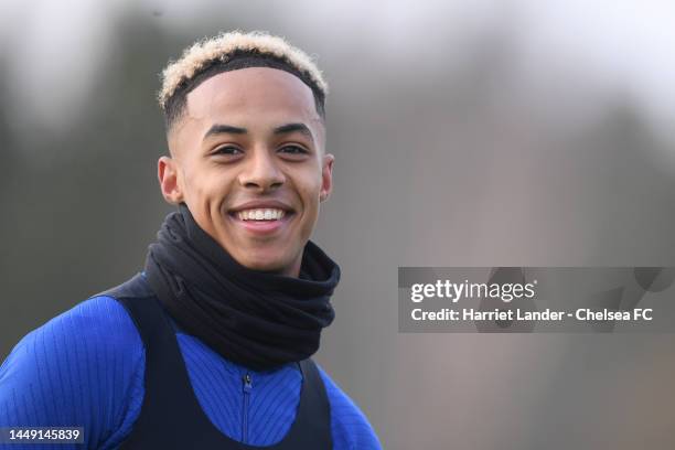 Omari Hutchinson of Chelsea reacts during a Chelsea FC Training Session at Chelsea Training Ground on December 14, 2022 in Cobham, England.