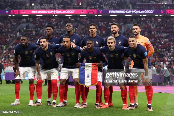 France players line up for the team photos prior to the FIFA World Cup Qatar 2022 semi final match between France and Morocco at Al Bayt Stadium on...
