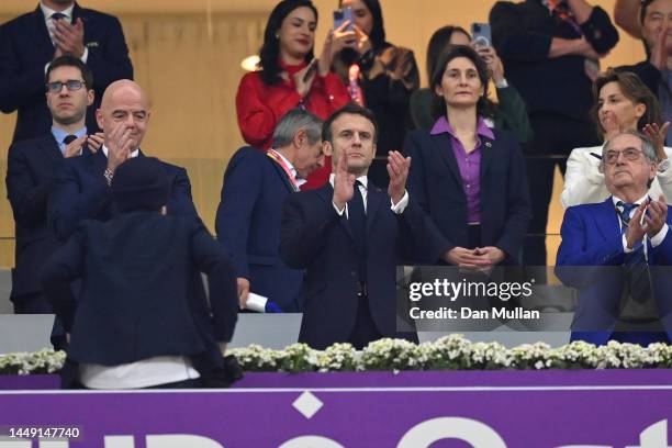 Gianni Infantino, President of FIFA, looks on with French President Emmanuel Macron and Noel Yves Marie Le Graet, President of the French Football...