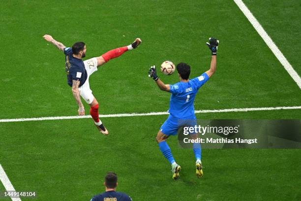 Theo Hernandez of France scores the team's first goal past Yassine Bounou of Morocco during the FIFA World Cup Qatar 2022 semi final match between...