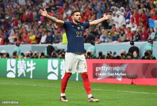 Theo Hernandez of France celebrates after scoring the team's first goal during the FIFA World Cup Qatar 2022 semi final match between France and...