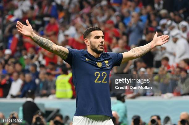 Theo Hernandez of France celebrates after scoring the team's first goal during the FIFA World Cup Qatar 2022 semi final match between France and...