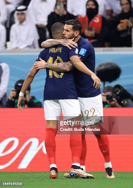Theo Hernandez of France celebrates after scoring the team's first goal during the FIFA World Cup Qatar 2022 semi final match between France and...