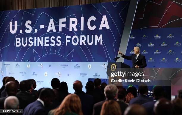 President Joe Biden delivers remarks at the business forum during the U.S. - Africa Leaders Summit on December 14, 2022 in Washington, DC. The Summit...