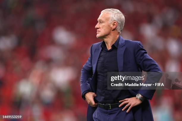 Didier Deschamps, Head Coach of France, looks on during the FIFA World Cup Qatar 2022 semi final match between France and Morocco at Al Bayt Stadium...