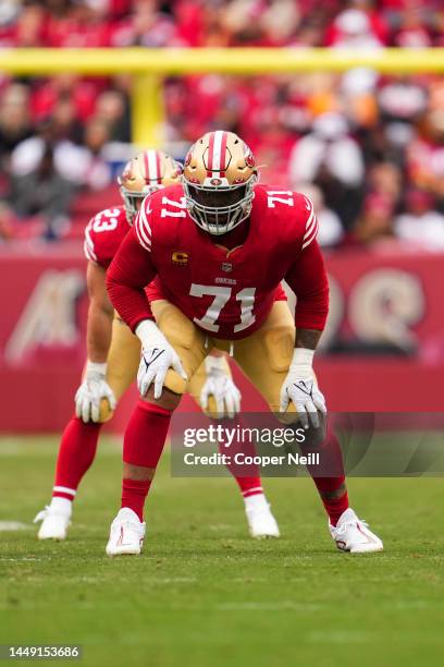 Trent Williams of the San Francisco 49ers gets set against the Tampa Bay Buccaneers at Levi's Stadium on December 11, 2022 in Santa Clara, California.