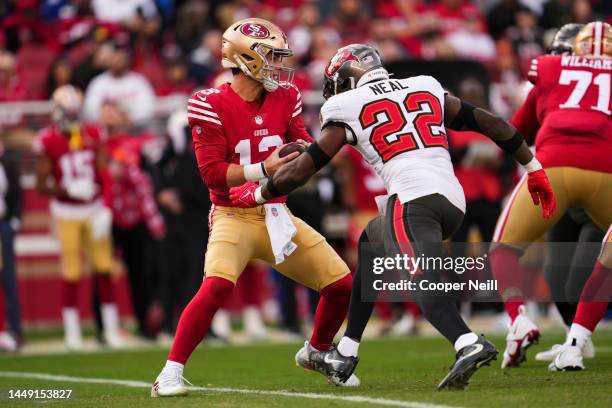 Keanu Neal of the Tampa Bay Buccaneers sacks Brock Purdy of the San Francisco 49ers at Levi's Stadium on December 11, 2022 in Santa Clara, California.