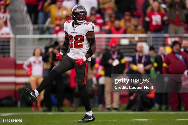 Keanu Neal of the Tampa Bay Buccaneers celebrates after the sack against the San Francisco 49ers at Levi's Stadium on December 11, 2022 in Santa...