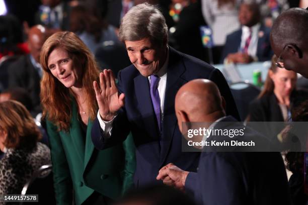 Presidential Envoy for Climate John Kerry and Samantha Powers, Administrator of the United States Agency for International Development, greet...