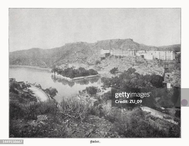 amber fort, jaipur, rajasthan, india, halftone print, published in 1899 - amber fort stock illustrations