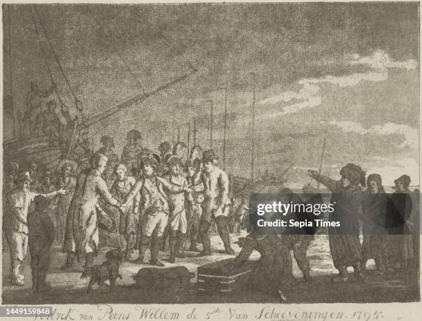 Departure of Prince William V from the beach of Scheveningen to England, 18 January 1795. The stadholder bids farewell to the crowds on the beach....