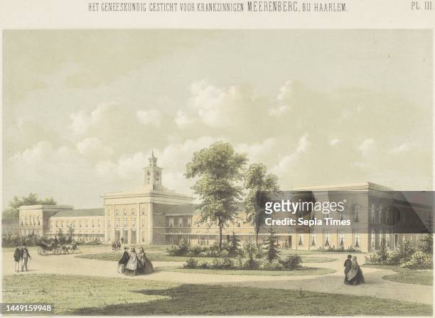 Several figures and a carriage with two horses are walking on the road leading to the entrance of the hospital. In the center in front of the...